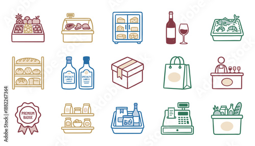 Collection of hand-drawn delicatessen icons representing a gourmet grocery store with meat, cheese, wine, seafood, bakery products, and various shopping elements