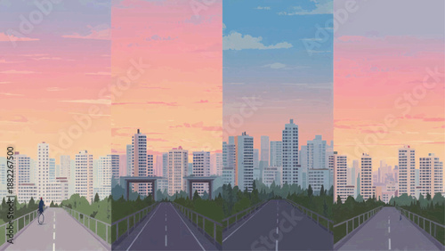 A serene cityscape at sunset with a road stretching towards skyscrapers and trees on both sides.