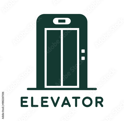 A simple green elevator icon on a white background with the word Elevator written below it.
