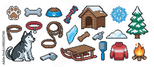 Set of pixel art icons featuring a husky dog with winter accessories like a sled, kennel, sweater, and campfire, representing a cozy, retro video game theme for pets
