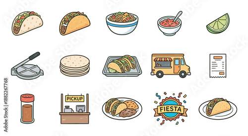 Colorful set of Mexican food icons featuring tacos, a food truck, salsa, tortillas, and a tortilla press in a fun, hand-drawn cartoon illustration style for a festive culinary theme