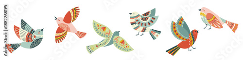 Hand-drawn spring birds set in Scandinavian folk style. Decorative vector illustrations with ornamental wings Festive Easter mood for spring decor, greeting cards, packaging and seasonal design