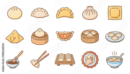 Set of traditional Asian dumpling icons in a cute cartoon style, showing baozi, gyoza, wonton soup, a bamboo steamer, chopsticks, and the process of making dough