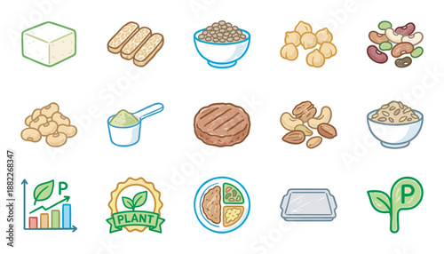 Collection of plant-based protein food icons including tofu, tempeh, beans, lentils, nuts, and a vegan burger patty illustrated in a simple cartoon line art style for healthy eating concepts