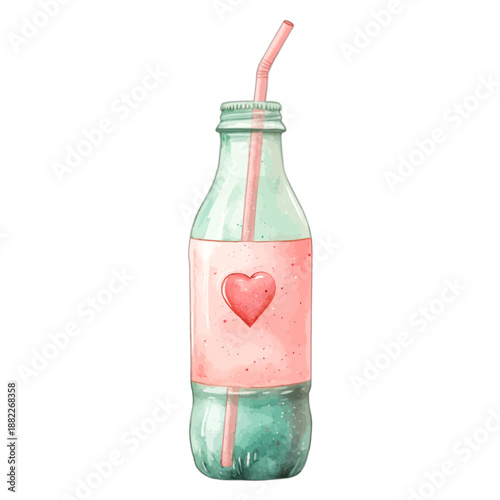 Romantic watercolor glass bottle with pink drink and heart illustration vector
