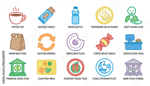Collection of colorful cartoon style icons representing daily life routines, food, work, and finance concepts like coffee, snacks, paperwork, and banking in a simple flat design