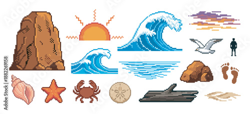 Collection of pixel art beach and ocean icons including a wave, sun, crab, and shell in a retro 8-bit video game style for creative design projects