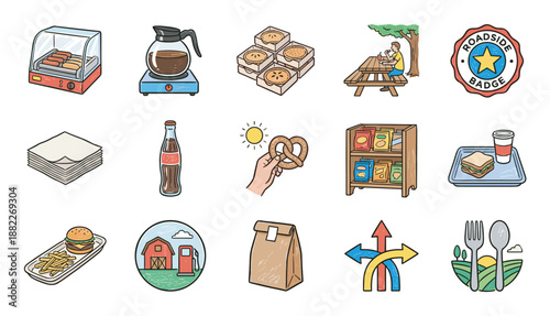 Set of colorful roadside stop and diner icons including fast food, drinks, and travel symbols in a charming hand-drawn cartoon illustration style for road trip themes