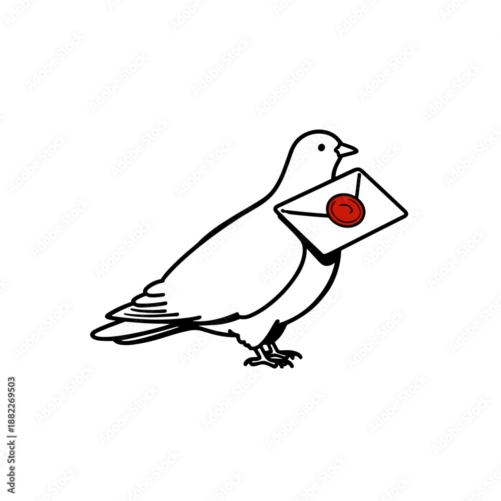 Fototapeta premium White pigeon holding envelope with red seal in simple illustration 