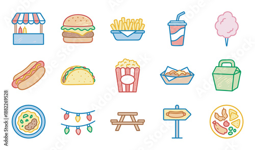 Set of colorful hand-drawn food festival icons featuring a hamburger, hot dog, fries, and popcorn in a cute, simple doodle illustration style for outdoor event concepts