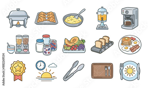 Collection of hand-drawn breakfast buffet icons featuring coffee, pancakes, fruit, croissants, and cereal in a cute cartoon doodle style for hospitality and food service concepts