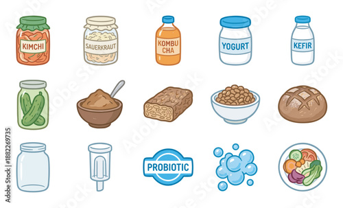 Set of hand-drawn probiotic food icons featuring fermented products like kimchi, sauerkraut, kombucha, and kefir for promoting gut health and healthy digestion