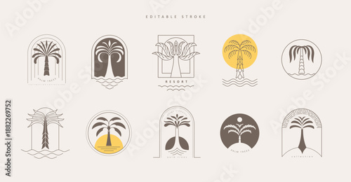 Set of simple geometric palm tree icon or logo designs. Summer tropical design elements and vacation emblems for resort, travel and beauty