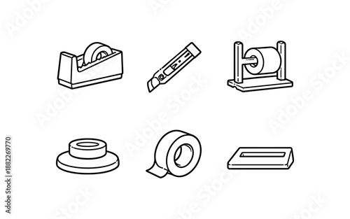 Collection of office and stationery supplies, including tape dispensers and cutters