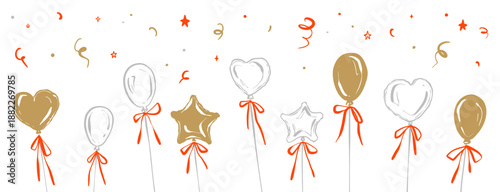 Hand drawn happy birthday party balloon background with streamers and confetti. Sketch doodle heart, star shape balloons with whimsical cute coquette bows. Line art anniversary celebration pattern