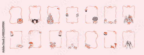 Set of doodle whimsical bow ribbon frames for restaurant menu, happy birthday cards, patisserie designs, wedding inbitations. Merry Christmas and Happy New Year filigree wavy lace rectangle border