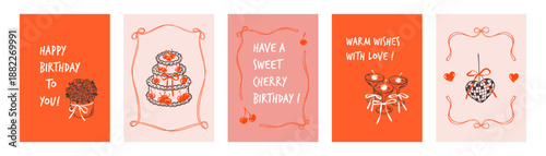Set of minimalist aesthetic line art happy birthday posters. Red and pink romantic Valentines Day design. Whimsical martini glass, cocktail with whimsical coquette bow. Coquettish ribbon wavy frame