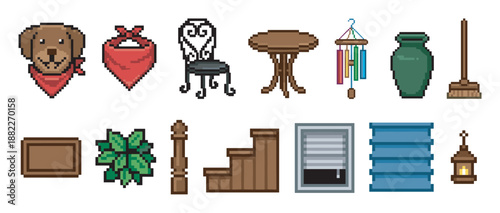 Collection of pixel art household items and decor elements featuring a dog, chair, table, plant, and lantern, designed as assets for a retro 8-bit video game