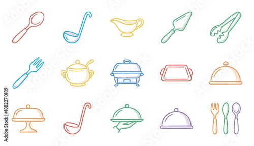 Colorful hand-drawn kitchen utensil and servingware icons featuring a spoon, fork, ladle, cloche, and chafing dish in a cute doodle style for culinary and food concepts