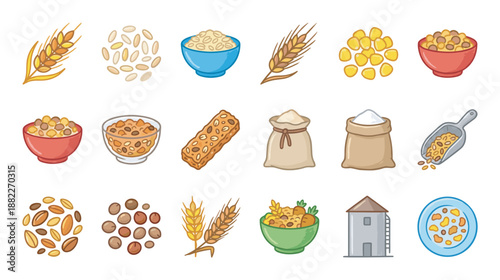 Colorful set of cartoon grain icons showing various cereals and agricultural products like wheat, oats, corn, flour sacks, bowls, a granola bar, and a farm silo