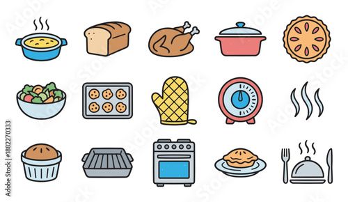 Colorful cooking and baking icon set illustration with various food and kitchen equipment symbols like roasted chicken, pie, bread, and an oven for culinary concepts