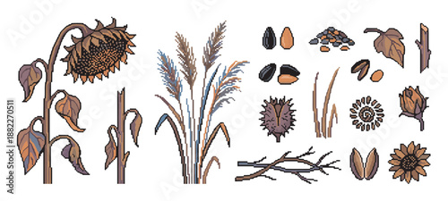 Pixel art collection of autumn plants including a withered sunflower, dry grass, seeds, and twigs in a retro 8-bit style with a muted, melancholic color palette