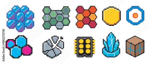 Pixel art game resource icons collection showing various materials like crystals, minerals, stone, a coin, and a computer chip for a retro 8-bit video game inventory system