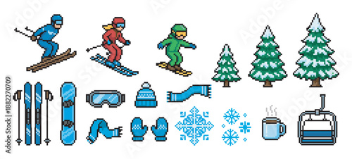 Set of pixel art winter sport icons featuring skiers, a snowboarder, equipment, snowy trees, a ski lift, and warm clothes in a retro 8-bit video game style