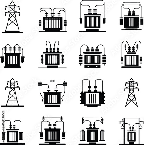 Collection of electrical power transformer and transmission tower icons in flat outline style, energy infrastructure symbols set for utility, engineering, industrial design projects