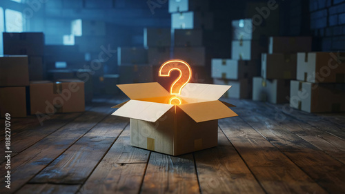 A glowing question mark rising from an open cardboard box in a dark storage room