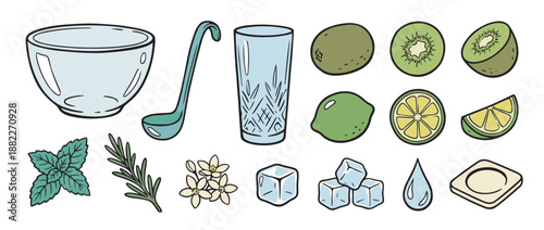 Collection of hand-drawn cocktail ingredients and barware including lime, kiwi, mint, ice cubes, and a punch bowl, illustrated in a charming and simple doodle style for beverage concepts