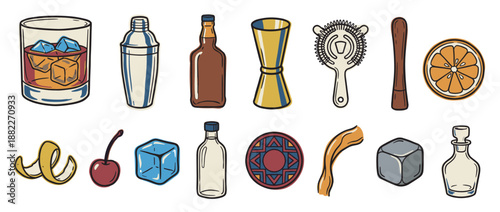 Collection of hand-drawn cocktail making tools and ingredients in a retro cartoon style, featuring a shaker, jigger, whiskey glass, ice, and fruit garnishes for mixology