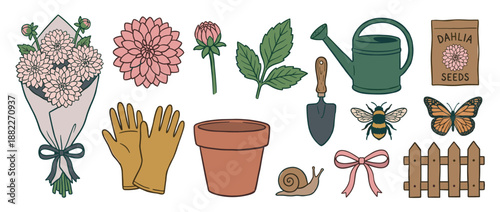 Gardening illustration set with dahlia flowers, a bouquet, watering can, gloves, and insects in a charming, hand-drawn doodle style for spring or summer themes