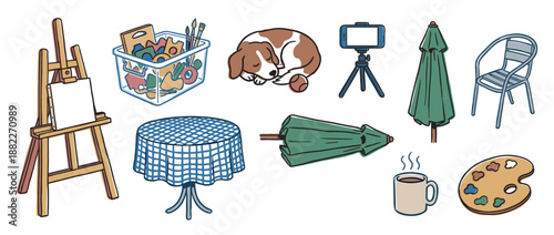 Set of hand-drawn doodle illustrations featuring various hobby and leisure items like an artist's easel, sleeping dog, patio furniture, art supplies, and a smartphone on a tripod