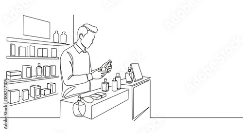 Line drawing of a man standing at a counter, examining products on display, indoor setting, isolated on a transparent background, minimalistic style