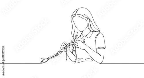 Line drawing of a girl sitting and braiding her hair on a transparent background with detailed features and a simple, minimalistic style