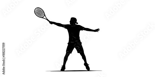 A player performing a high forehand follow-through, elegant and fluid motion.