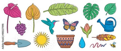 Colorful hand-drawn set of nature illustrations featuring tropical flowers, leaves, a hummingbird, butterfly, and gardening tools in a whimsical doodle style