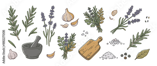 Hand-drawn collection of culinary herbs and spices including rosemary, lavender, garlic, parsley, salt, and pepper with a mortar, pestle, and cutting board in a doodle sketch style