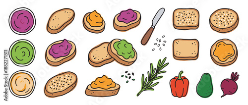 Hand drawn doodle illustration set of toasts with various colorful vegetable spreads, fresh avocado, beetroot, and herbs for a healthy vegan breakfast or snack concept