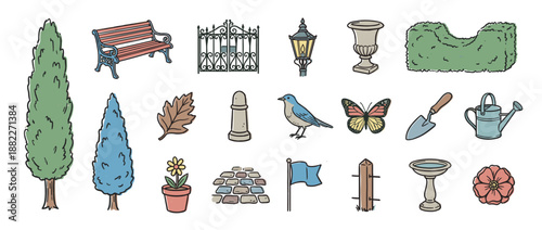 Charming set of hand-drawn garden and park illustrations featuring a bench, trees, flowers, a bird, a gate, and various gardening tools in a cute doodle style