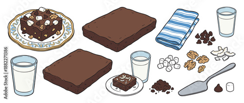 Collection of hand-drawn brownie illustrations with various toppings and baking ingredients like chocolate chips, walnuts, and marshmallows, presented in a charming cartoon style