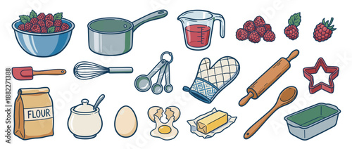 Collection of cartoon baking ingredients and utensils including flour, eggs, butter, raspberries, a whisk, and a rolling pin for making desserts, pies, or cakes in a charming hand-drawn style