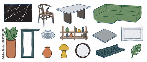 Collection of hand-drawn interior design elements including a sofa, chair, table, lamp, and various home decor items for furnishing and architectural planning concepts
