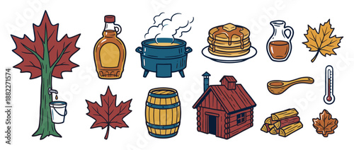 Hand-drawn maple syrup production vector icon set with a tapped tree, boiling pot, pancakes with butter, a sugar shack, barrel, and colorful autumn leaves in a rustic style