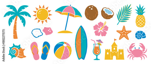 Collection of colorful summer beach icons with a fun, textured stamp style, featuring a palm tree, sun, surfboard, pineapple, crab, and other tropical vacation elements