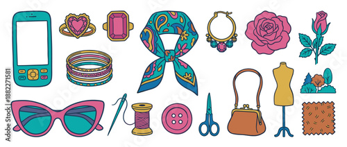 Colorful collection of retro fashion accessories and sewing items in a hand-drawn doodle style, including a vintage phone, jewelry, sunglasses, and a handbag, evoking a Y2K aesthetic
