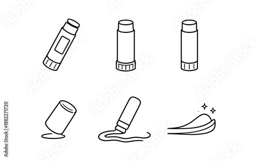 Collection of simple line art icons representing glue sticks and their application