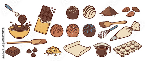 Collection of chocolate making illustrations showing truffles, a candy bar, cocoa powder, beans, and various baking tools for confectionery in a charming hand-drawn cartoon style