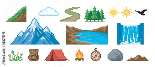 Pixel art collection of nature and hiking icons featuring a mountain, forest, tent, campfire, and compass in a retro 8-bit video game style for an outdoor adventure theme